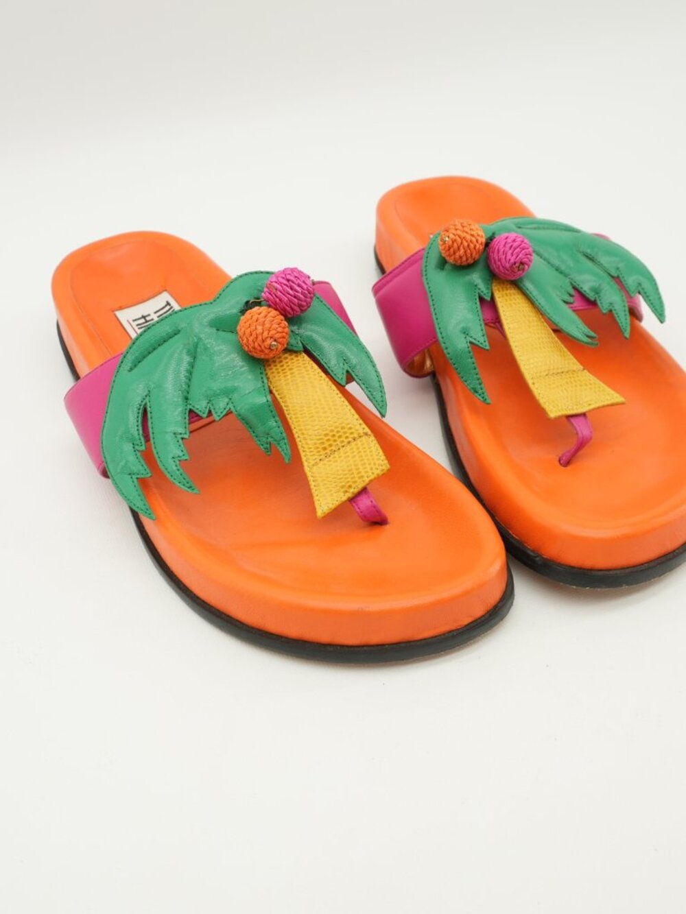 Leather Sandals Vintage Leather Palm Tree Flats Tropical Colorful Slides - Picture 3 of 12